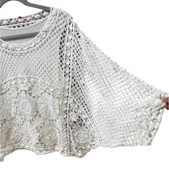 Bohemian Crochet Top Blouse  White Bat Wing Sleeves SZ M EUC - Picture 2 of 6